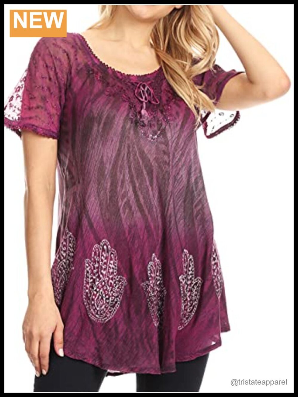 Casual Short Sleeve Blouse with Block Print & Lace, 100% Rayon, Tie Dye, Corset